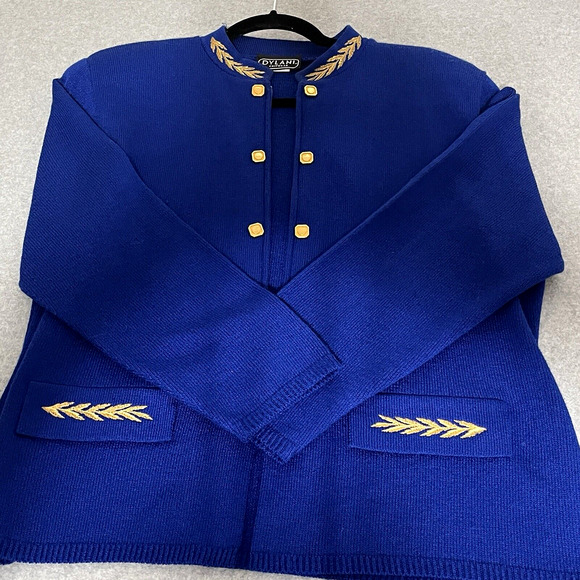 Dylani Knitwear Women Cardign Blue Gold Trim Full Zip Classic Old Money Stately - Picture 1 of 9